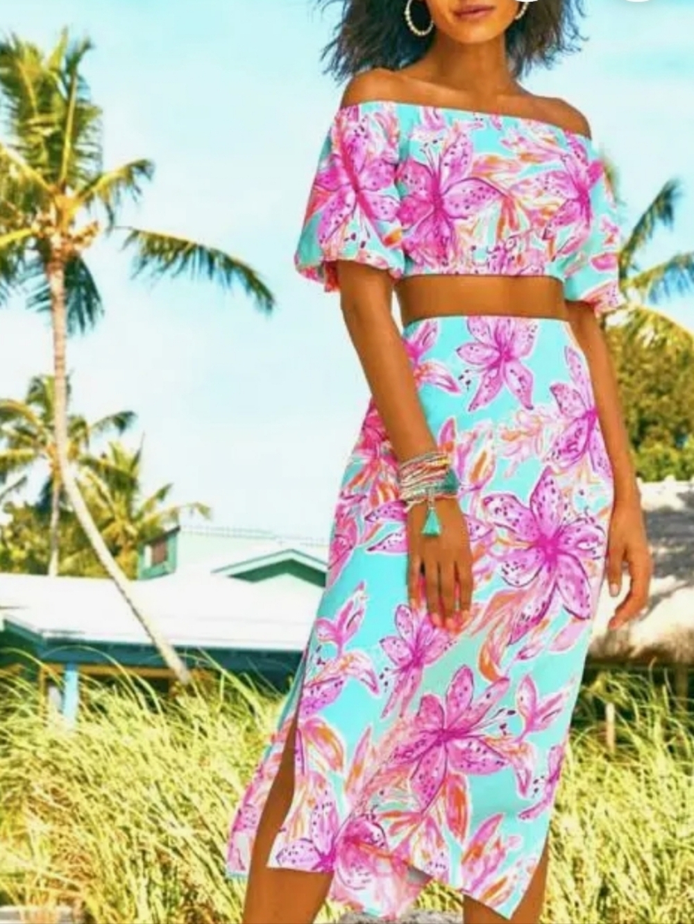 Lilly Pulitzer Esmeray Midi 2PC Set Puff Sleeve Surf Blue Bonita Blooms